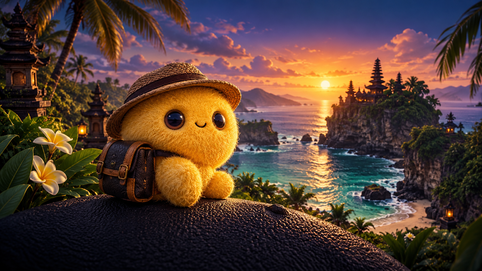 Plush traveller beside a Bali coast at sunset