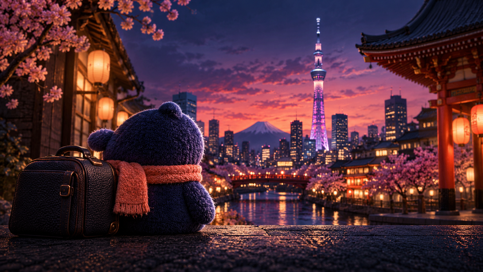 Plush traveller looking over Tokyo at dusk
