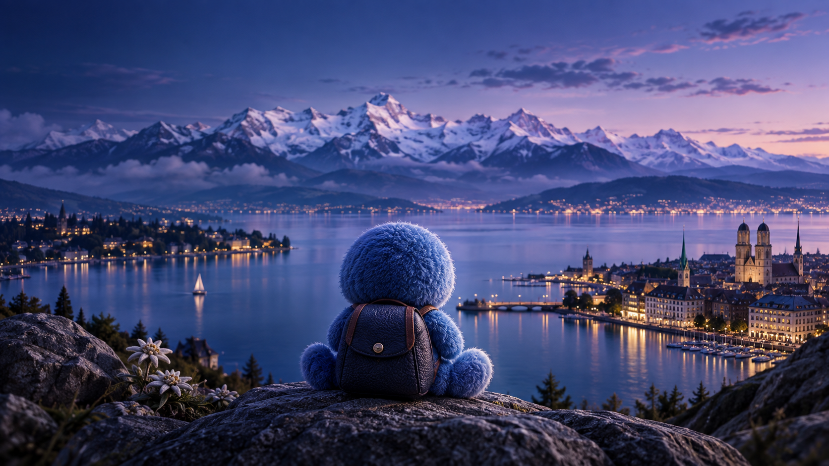 Plush traveller overlooking Zurich and the Alps