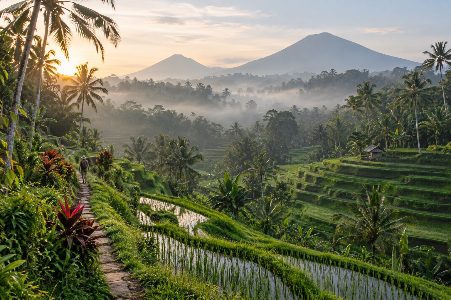 Illustrative Bali rice terraces in soft morning light