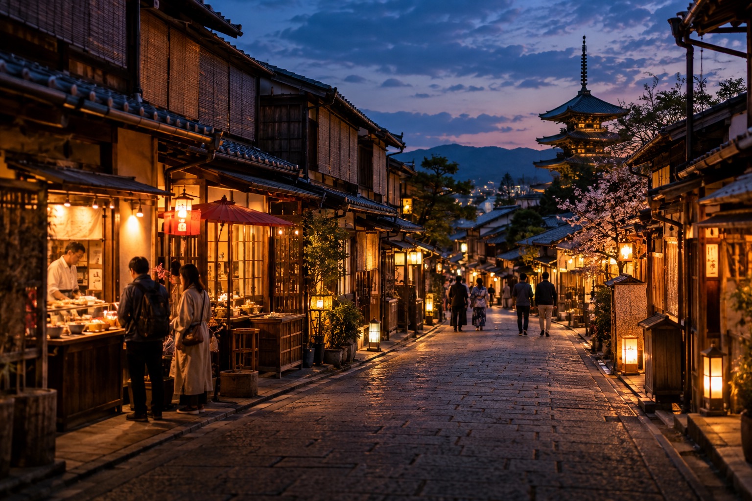 Illustrative lantern-lit street in Kyoto at dusk