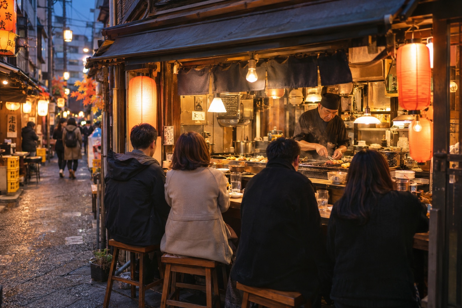 Illustration of a small Osaka food counter at dusk